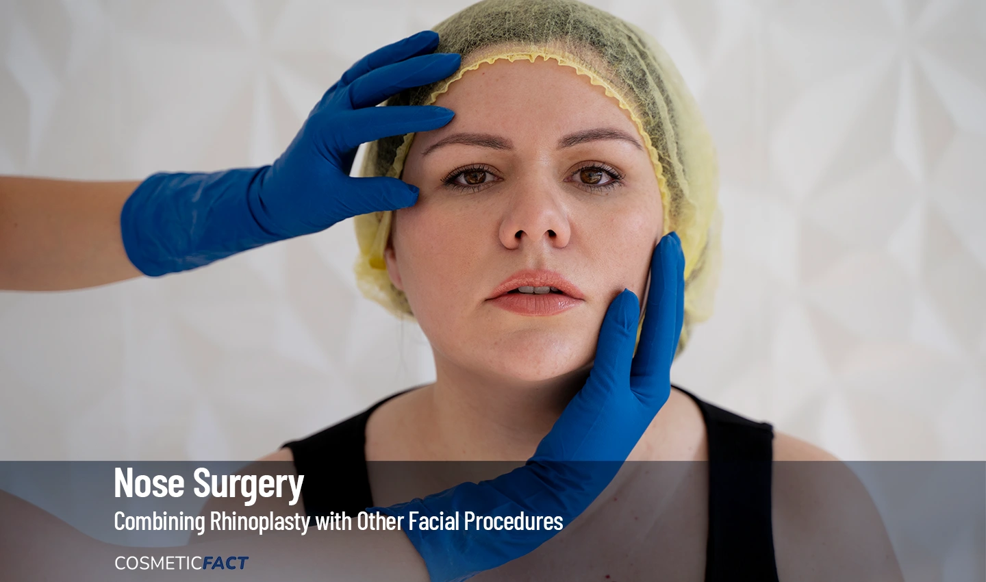 A plastic surgeon evaluates a woman for a combining procedure of rhinoplasty and chin augmentation.