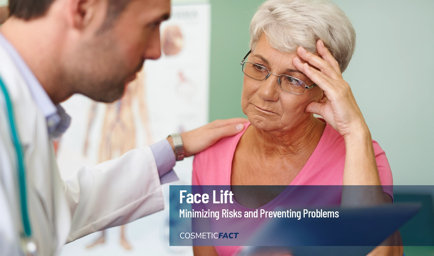 A woman sitting on a chair while a plastic surgeon examines her face, discussing facelift complications and ways to minimize their risks.