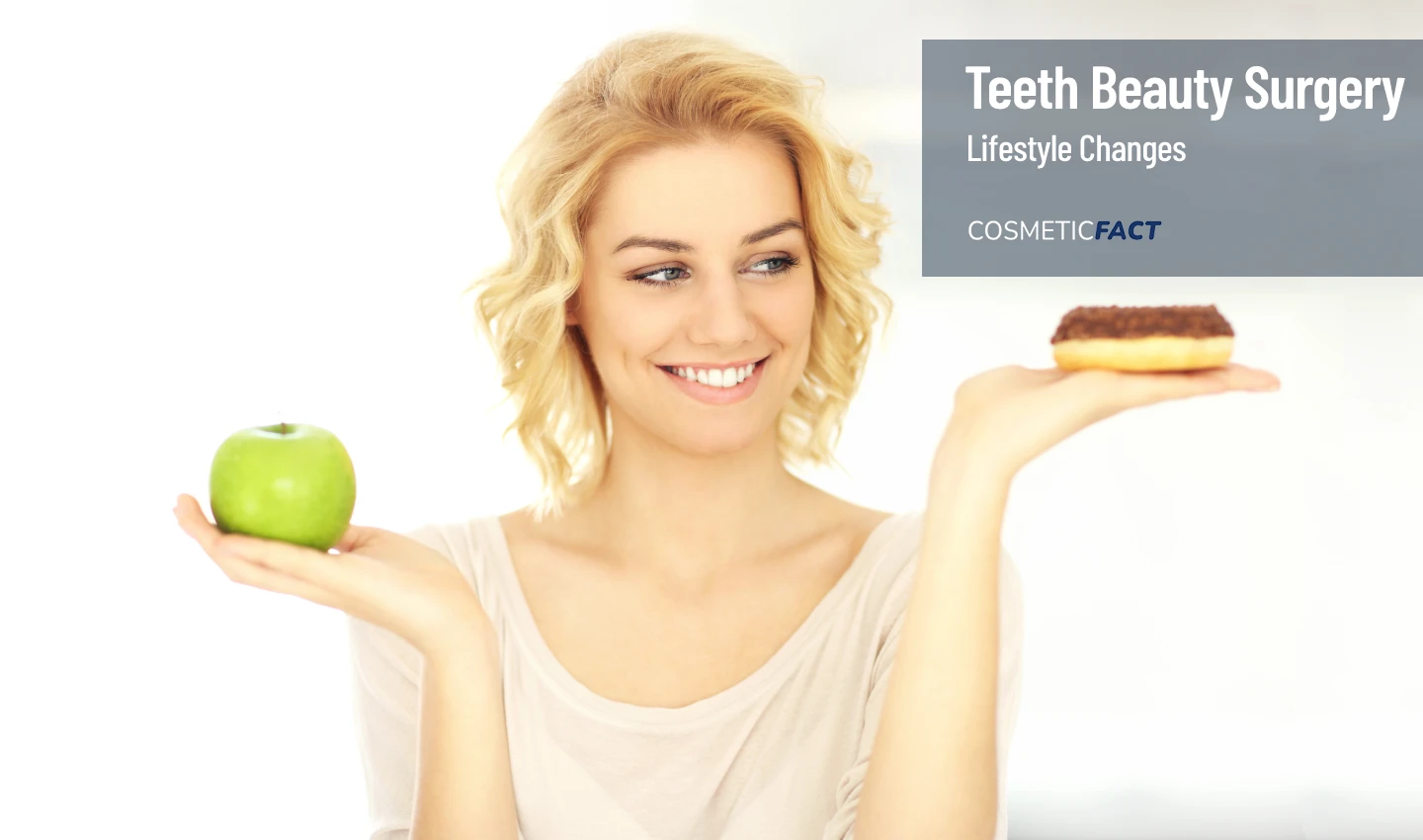 Woman with a smile holding an apple and a chocolate donut, reflecting her healthy lifestyle after teeth beauty surgery.