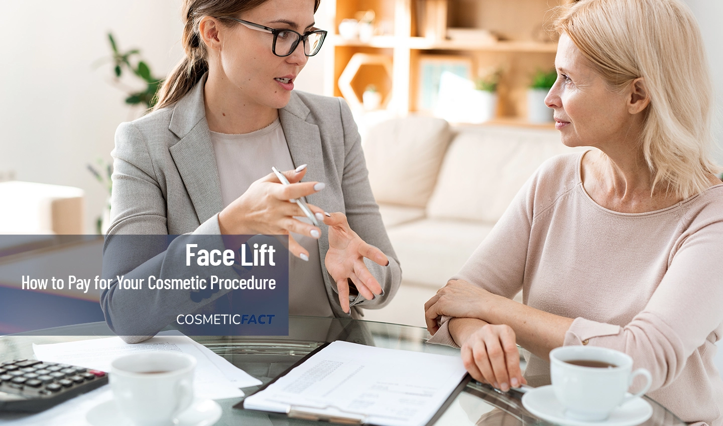 Woman visiting a surgeon for facelift surgery financing, discussing payment options for cosmetic procedures