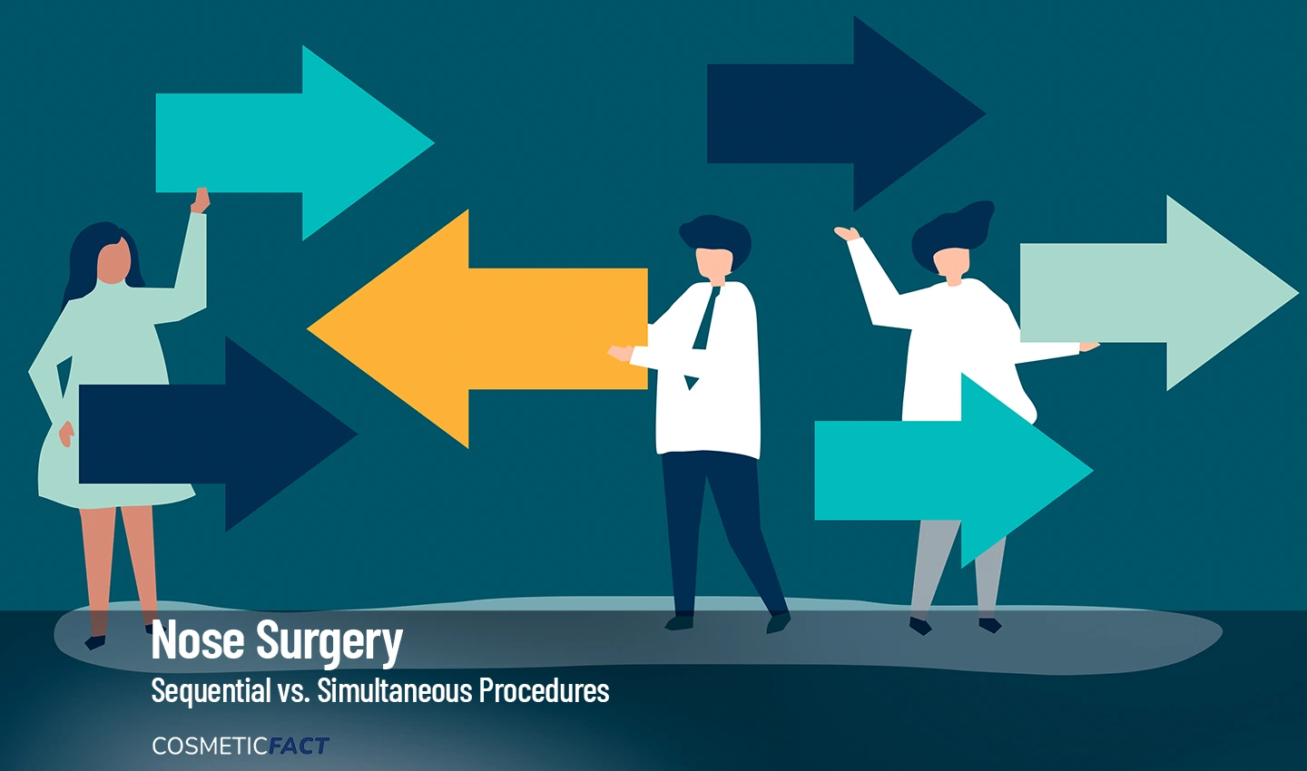 Vector image of a woman considering the benefits and drawbacks of sequential versus simultaneous rhinoplasty procedures.