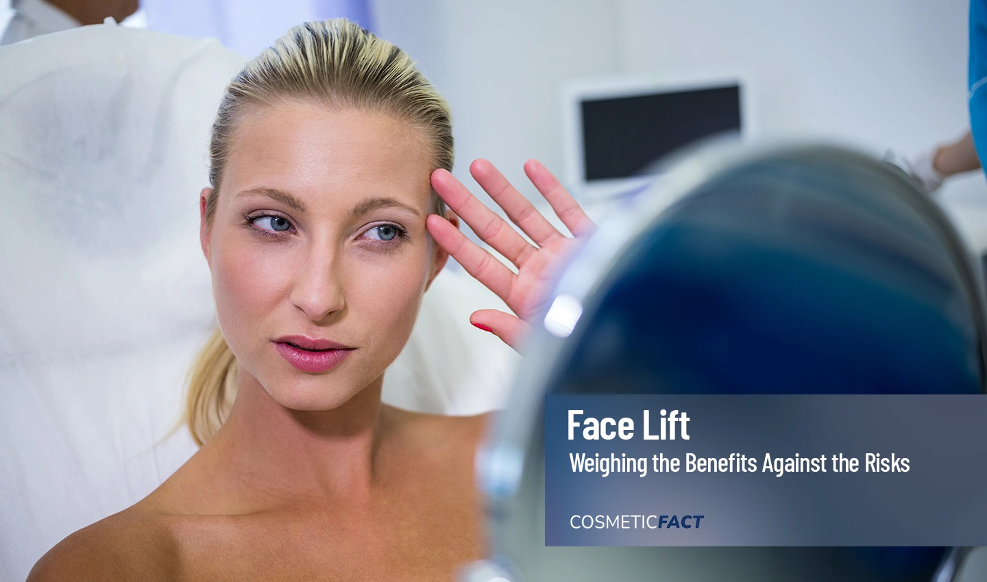 Woman evaluates herself, unsure if facelift surgery is worth the benefits and risks.