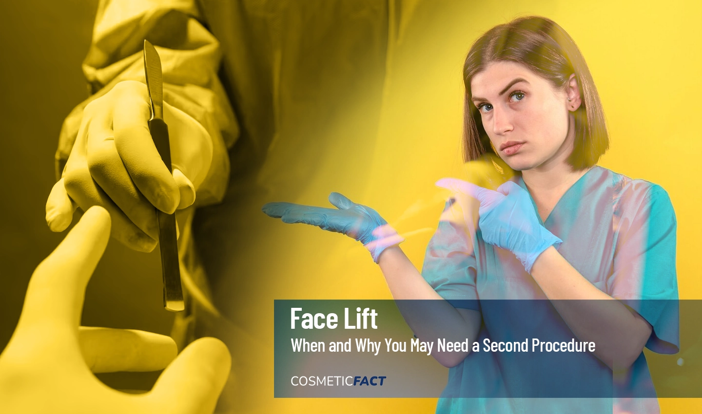 Image of a woman holding a surgical cutter with a sad expression, representing the topic of revision facelift surgery and the possible need for a second procedure.