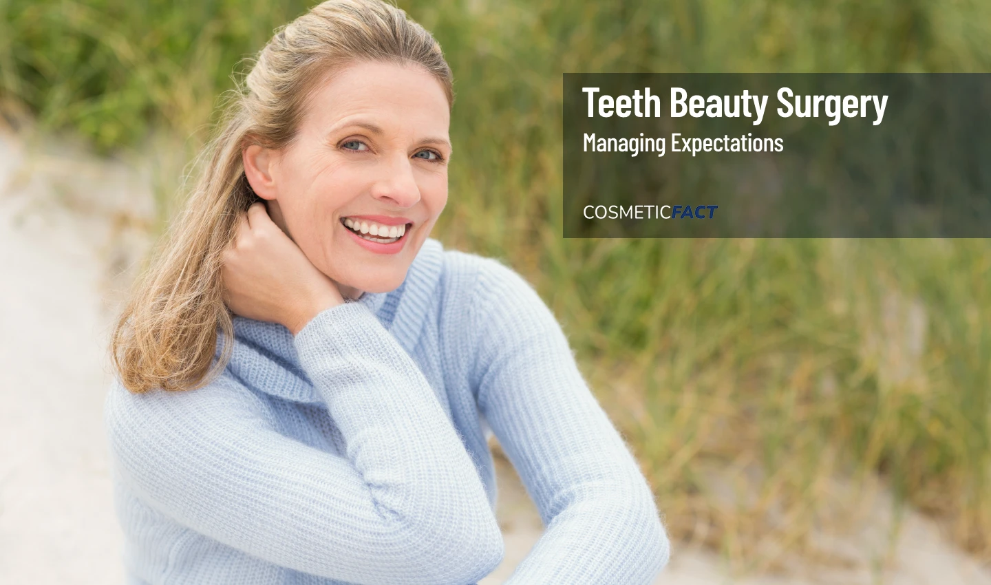 A middle-aged woman with a nice smile after teeth beauty surgery, demonstrating the achievable realistic results of teeth beauty surgery for those with realistic expectations.