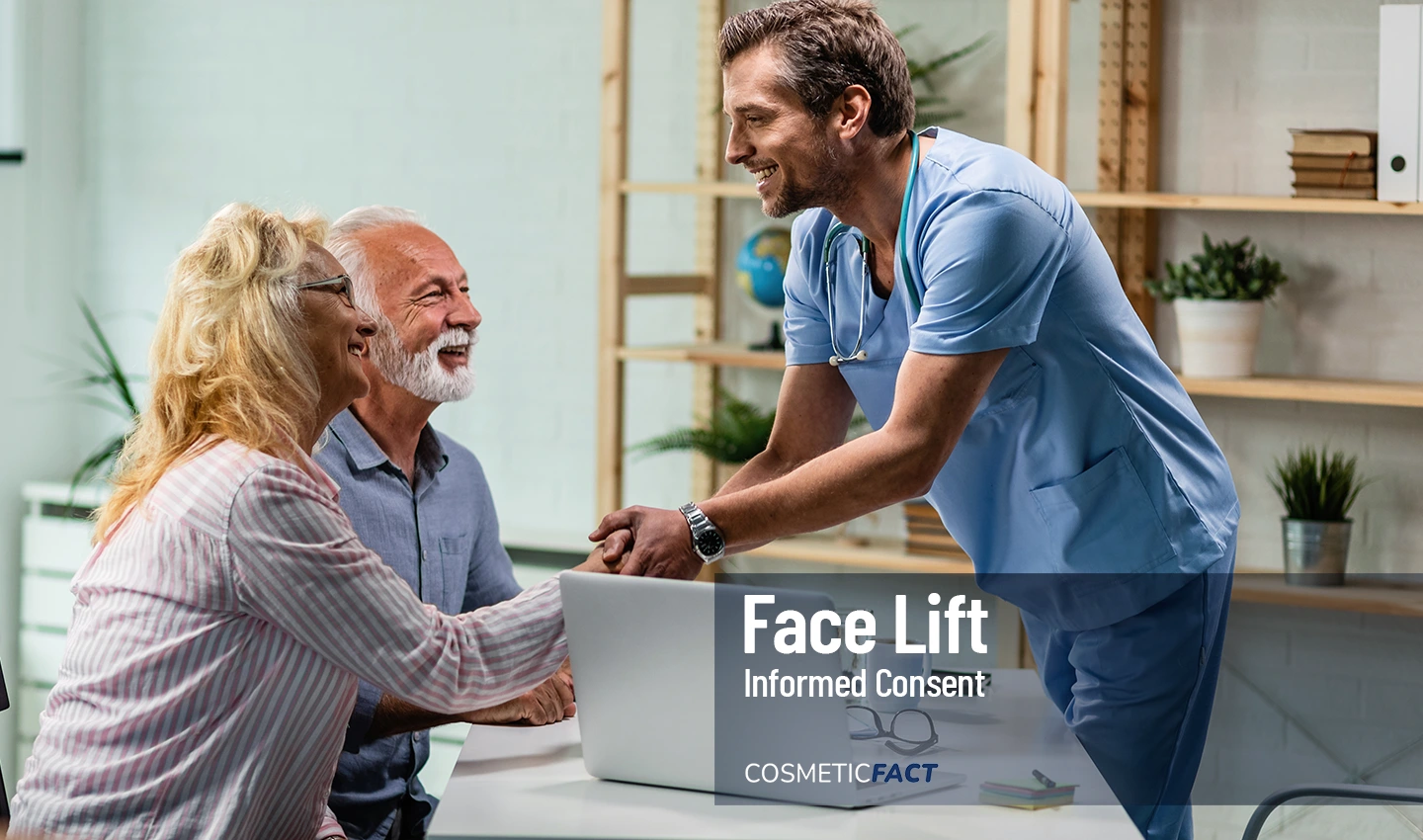 An elderly couple shakes hands with their facelift surgeon, signifying their satisfaction with the informed consent process and their successful surgery.