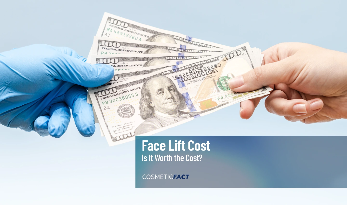 Hand of a person giving money to a surgeon with gloves, representing if the facelift surgery worth the cost.