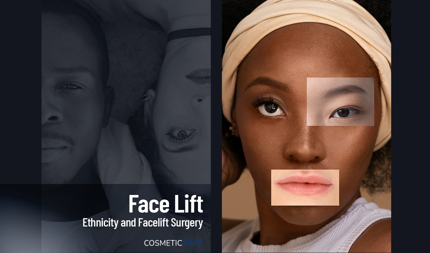 Black woman imagining white skin on her face, representing unique facelift concerns based on ethnicity.