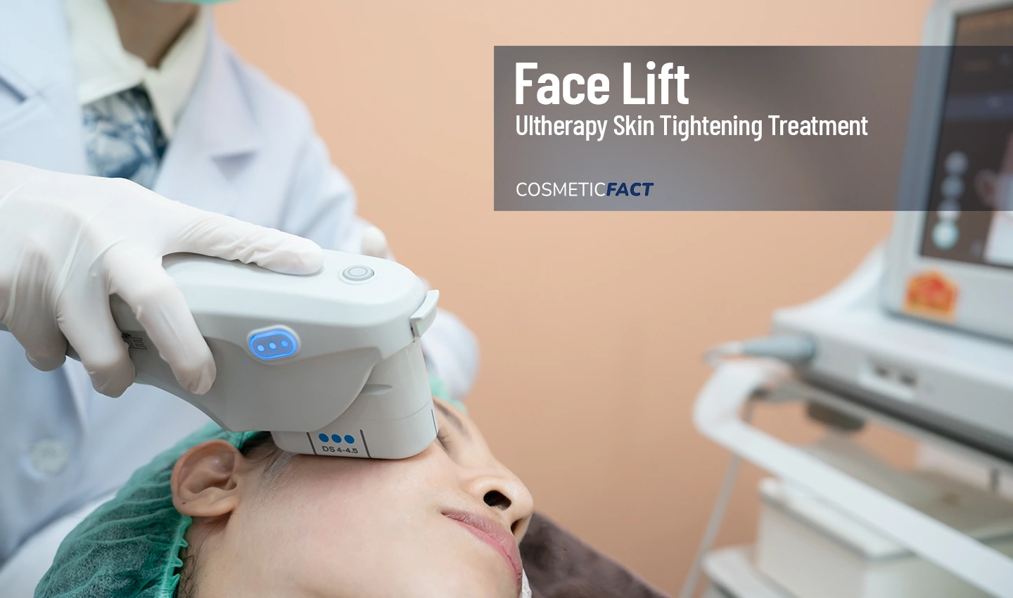Woman receiving Ultherapy treatment on her face, with ultrasound technology being used to stimulate collagen production for lifted and tightened skin