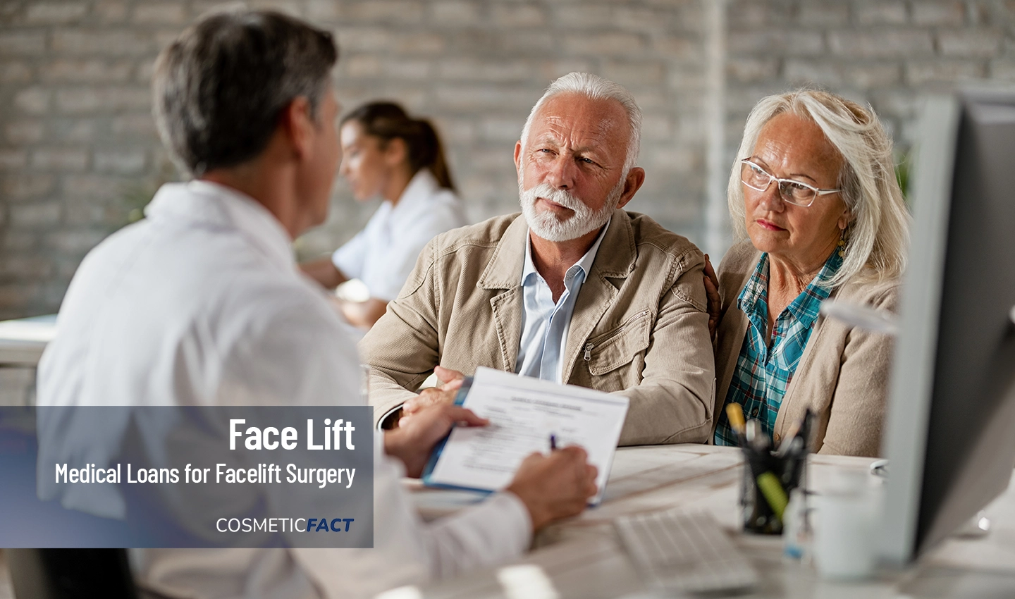 An elderly couple discussing medical loans for facelift surgery with a financial advisor.