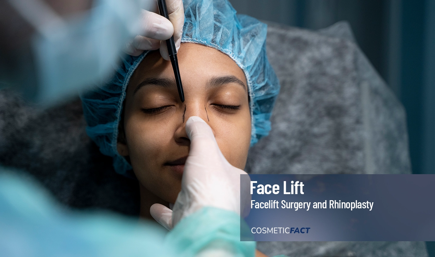 Black woman in a hospital gown preparing for a combined facelift and rhinoplasty surgery to achieve facial harmony.