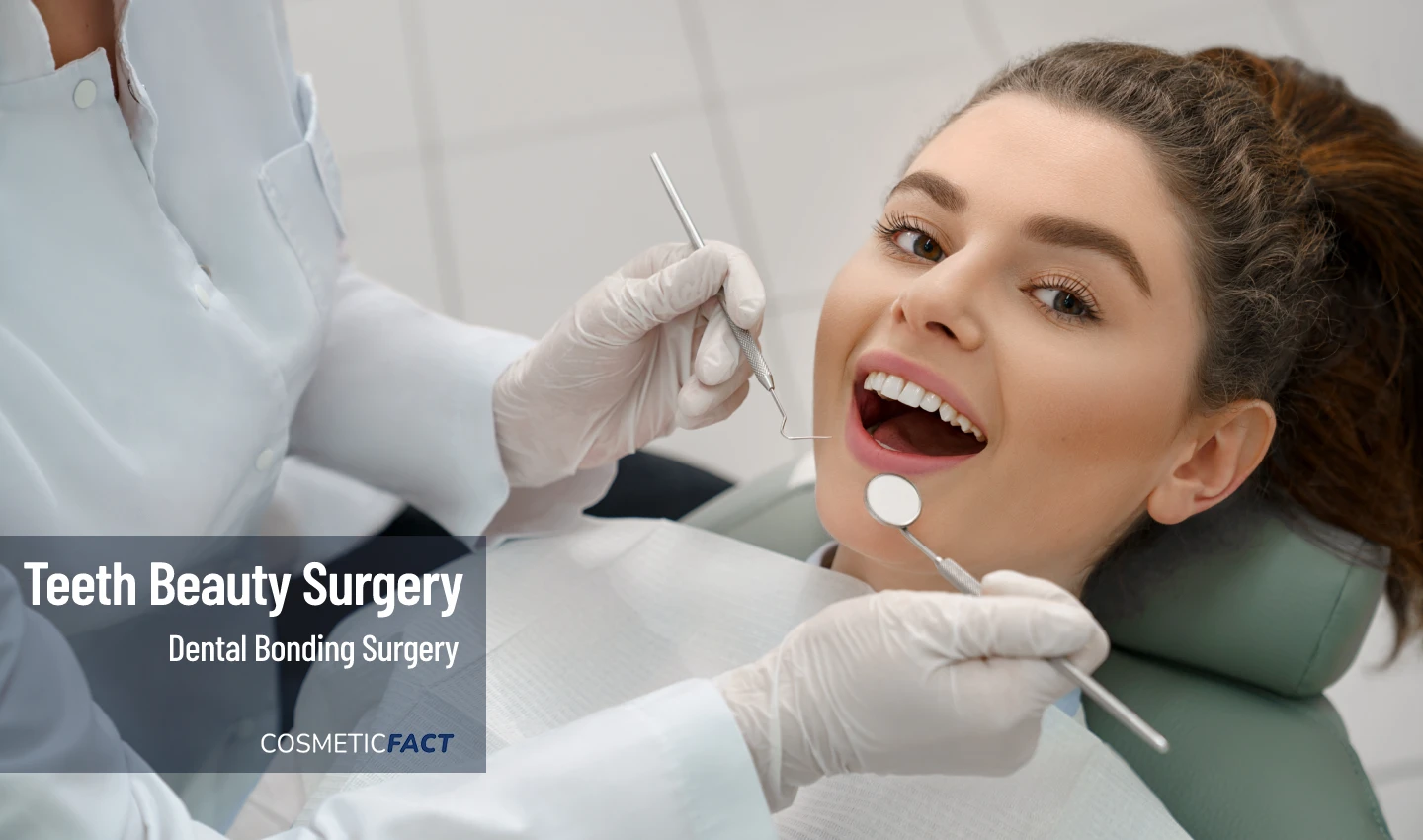 Patient receiving dental bonding benefits with a smile on her face while the dentist works on her teeth.