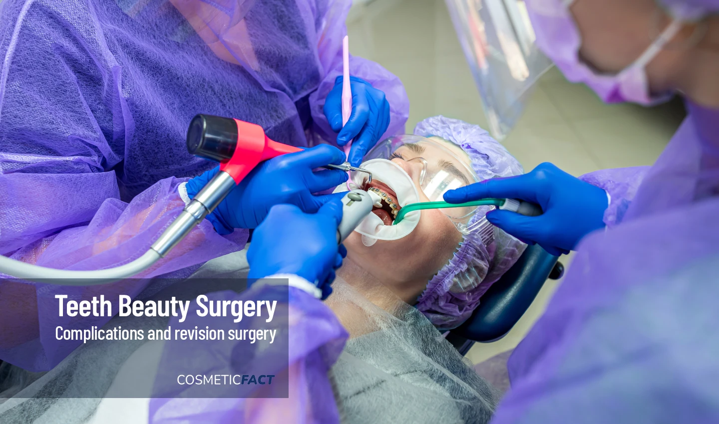 Two dentists performing orthodontic revision surgery on a patient's teeth, showcasing the latest Perfect Smile Techniques in action.