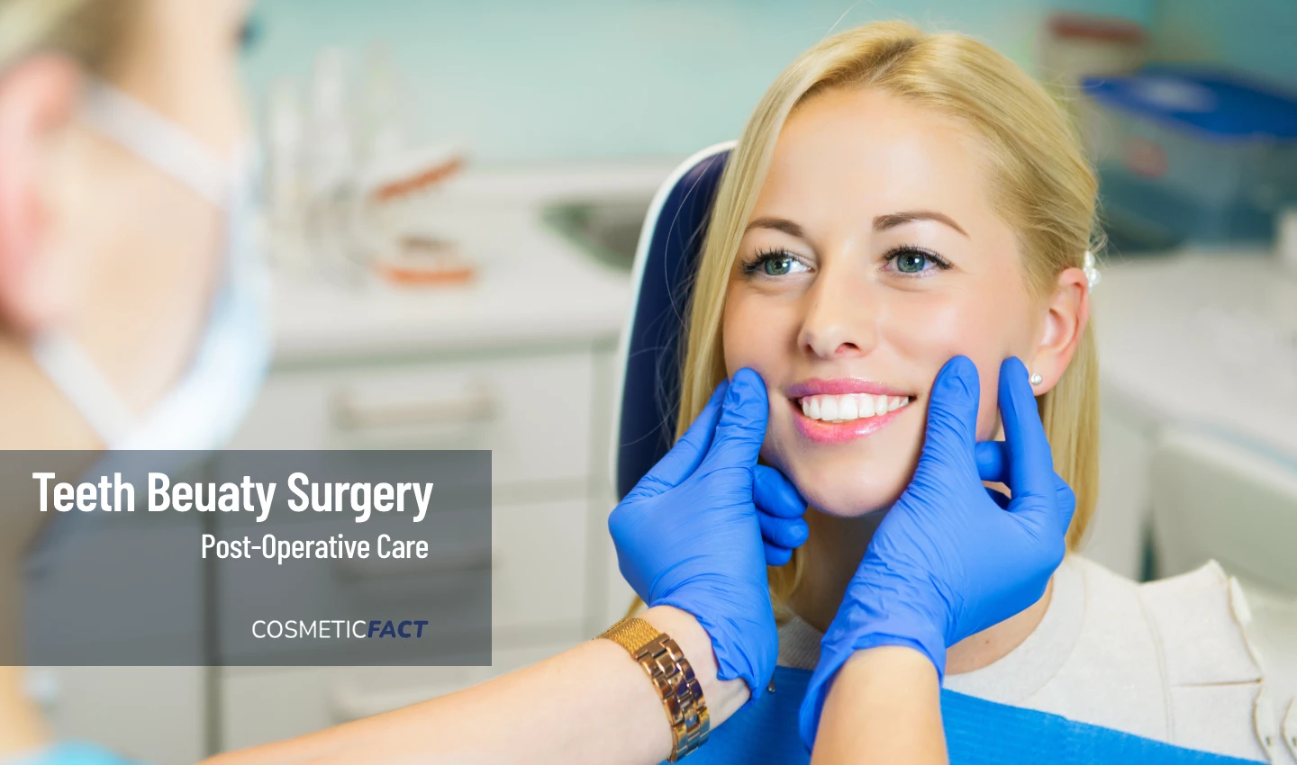 A dentist examines a patient's smile after post-operative care cosmetic dental surgery.