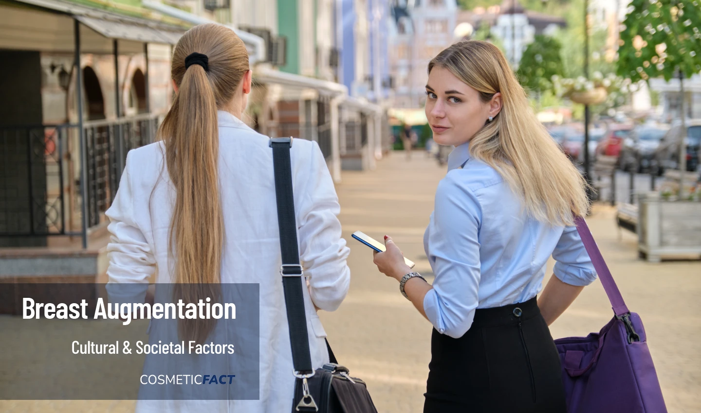 Two women walking confidently on the street, promoting body positivity and challenging traditional beauty standards through the Breast Augmentation Revolution.