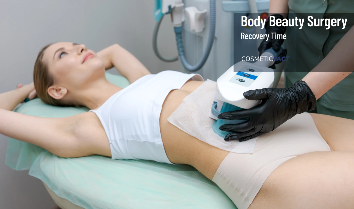 A doctor uses a recovery device on a patient's belly after body cosmetic surgery to shorten recovery time.