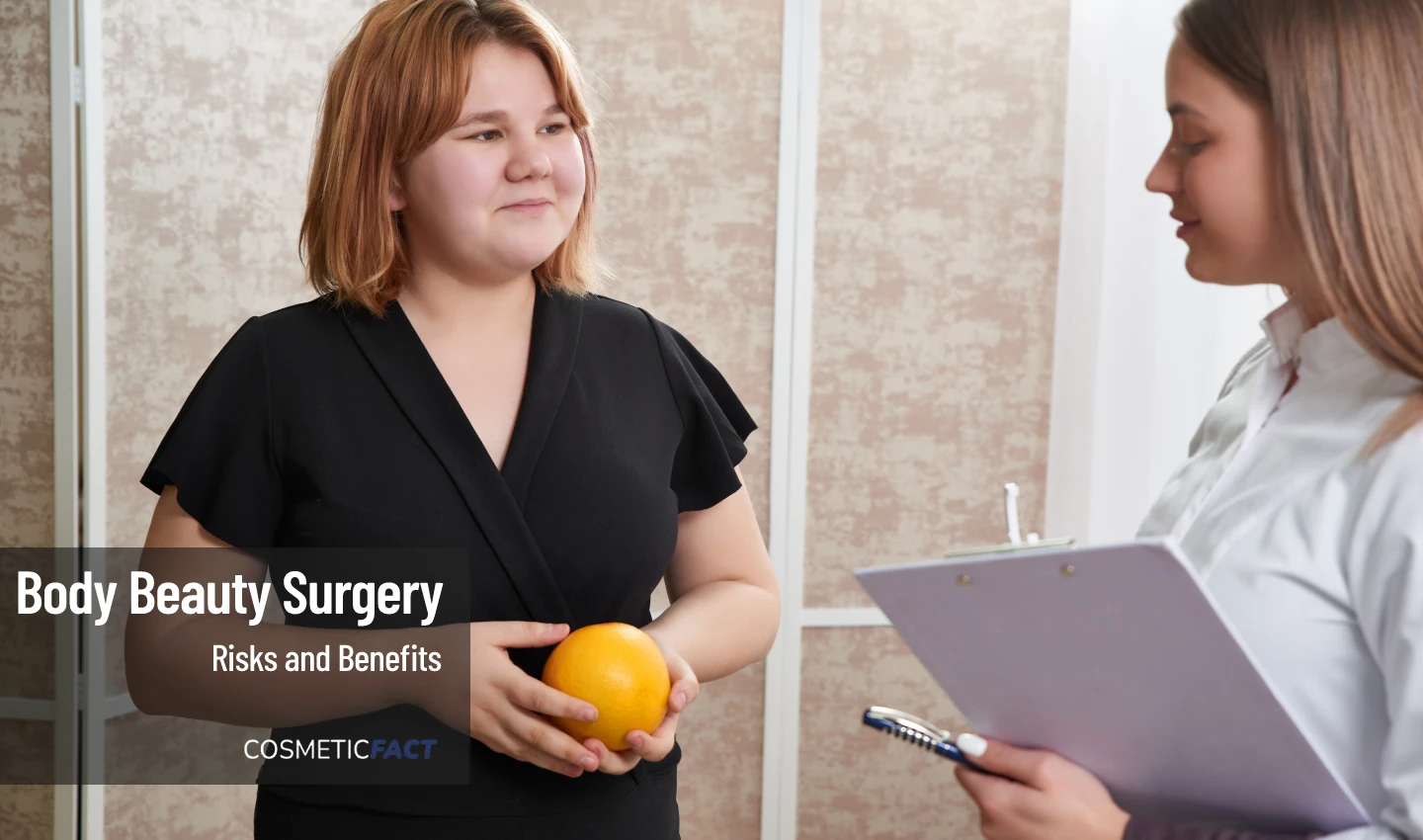 A woman is seen discussing the risks and benefits of body cosmetic surgery with her doctor.