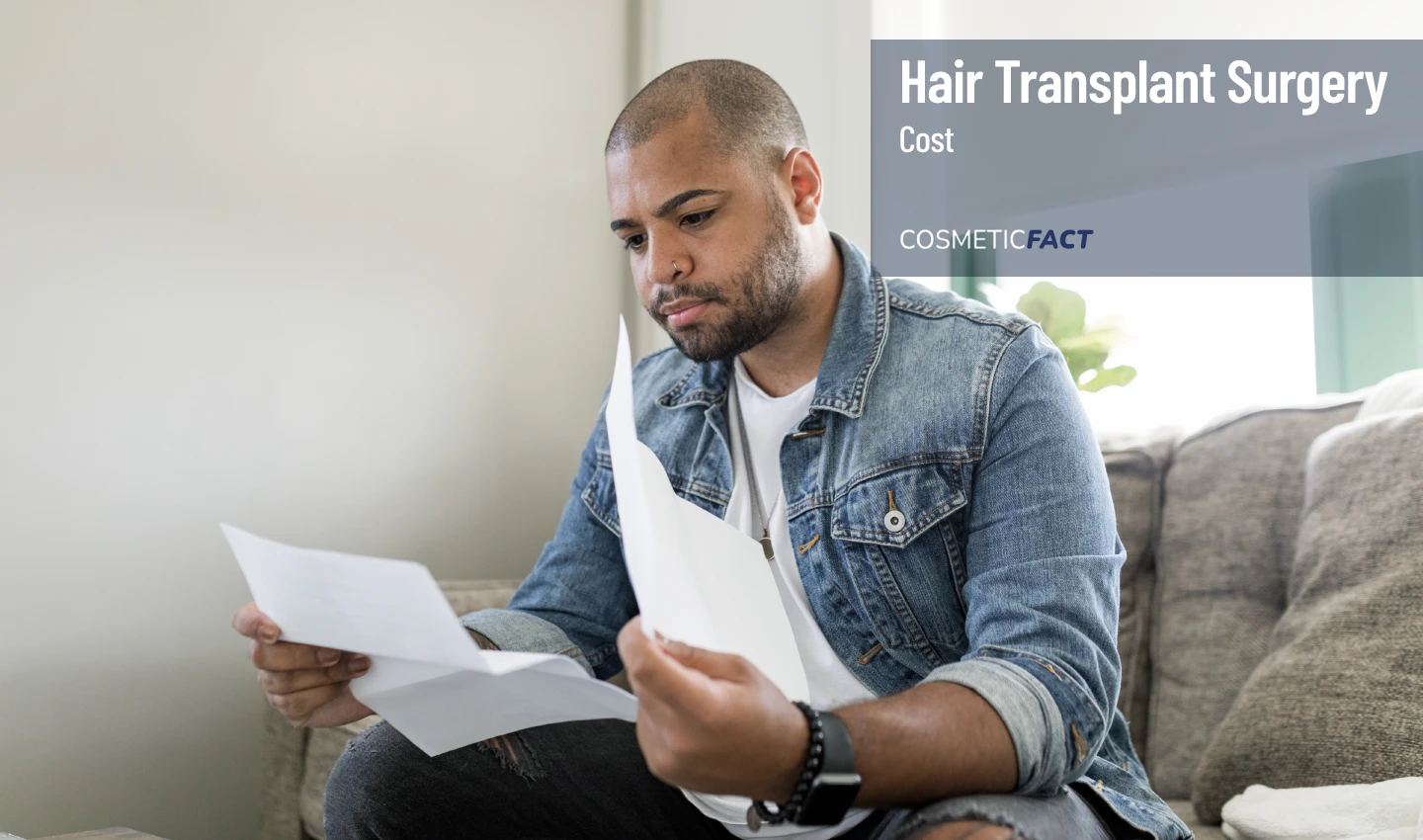 An individual holding a bill for a hair transplant surgery, with focus on the cost aspect.