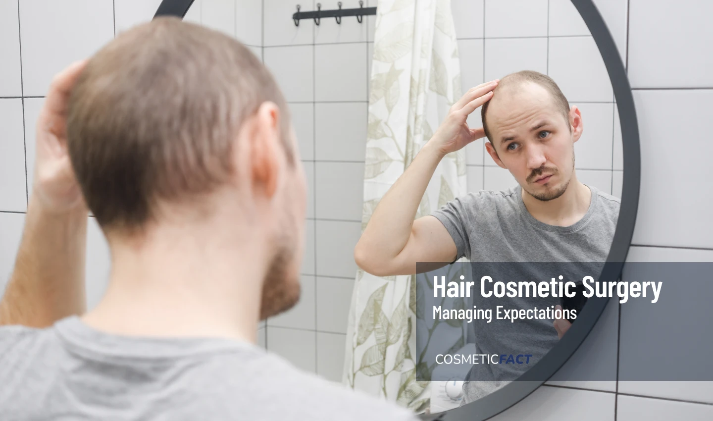 A man looking at his hair in the mirror after a hair transplant surgery, emphasizing the importance of realistic hair transplant expectations.