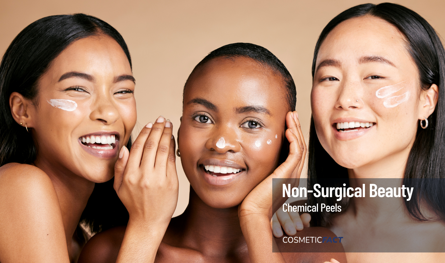Happy women with lotion on their faces, enjoying the benefits of chemical peels and revealing radiant skin