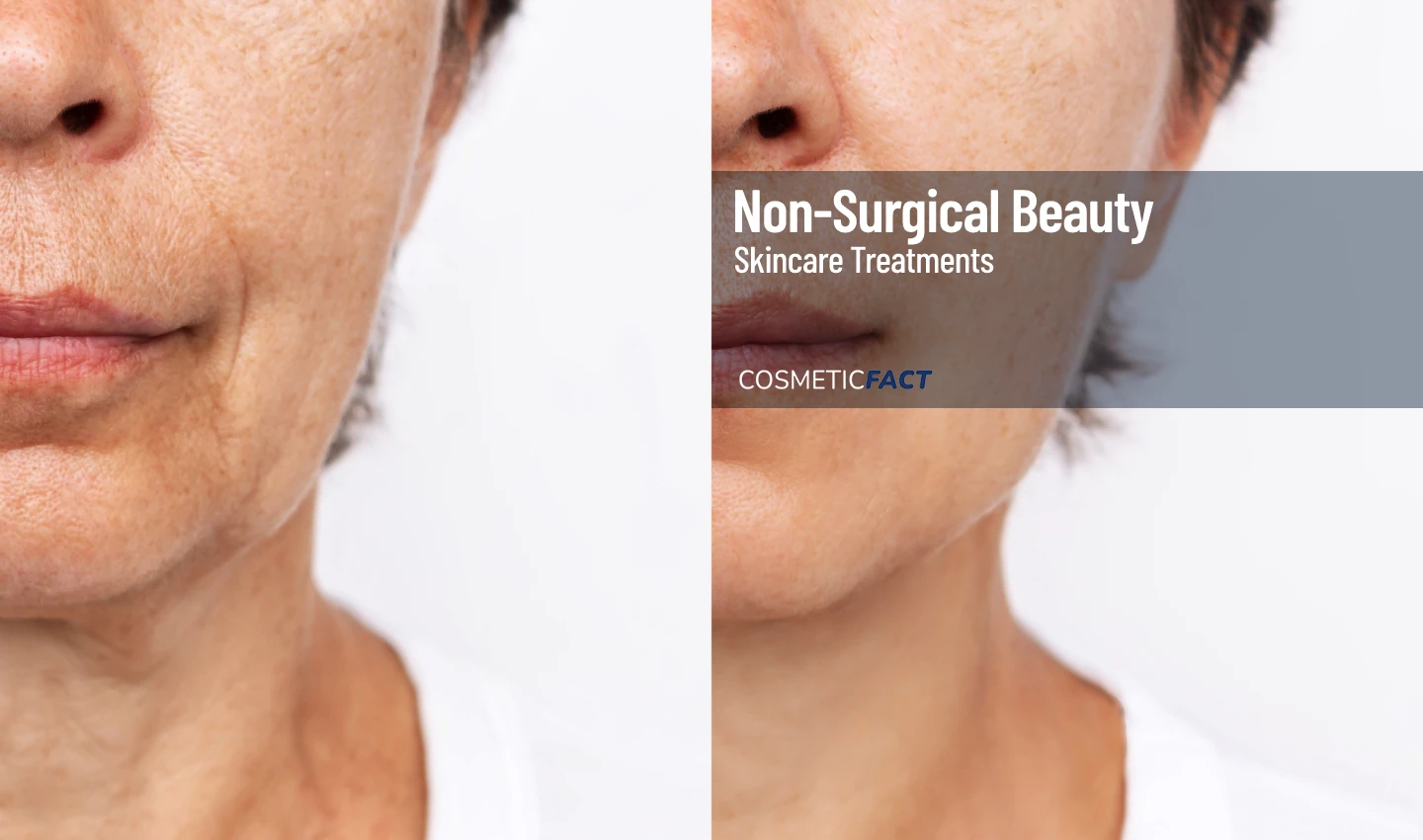 An image split in half, featuring two shots of the same woman. One shot shows sagging skin around the lips, chin, and cheeks, while the other shows a more youthful, firm appearance in those areas. The image emphasizes the effects of non-surgical solutions for sagging skin and the importance of achieving a more youthful appearance.