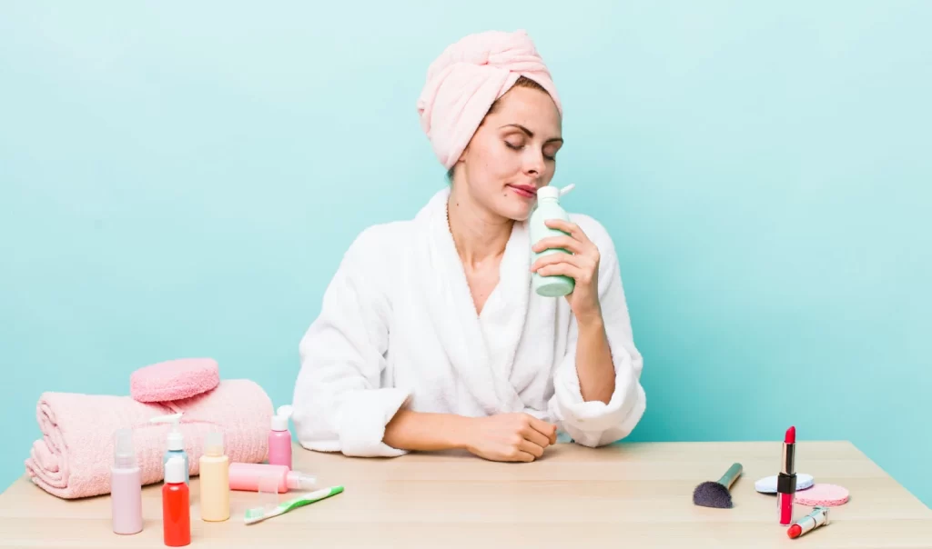 Woman using toner for daily skincare routine to maintain healthy and glowing skin.
