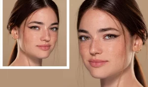 A before-and-after photo of a woman's face, showing her nose before and after a successful rhinoplasty procedure that met her realistic expectations.