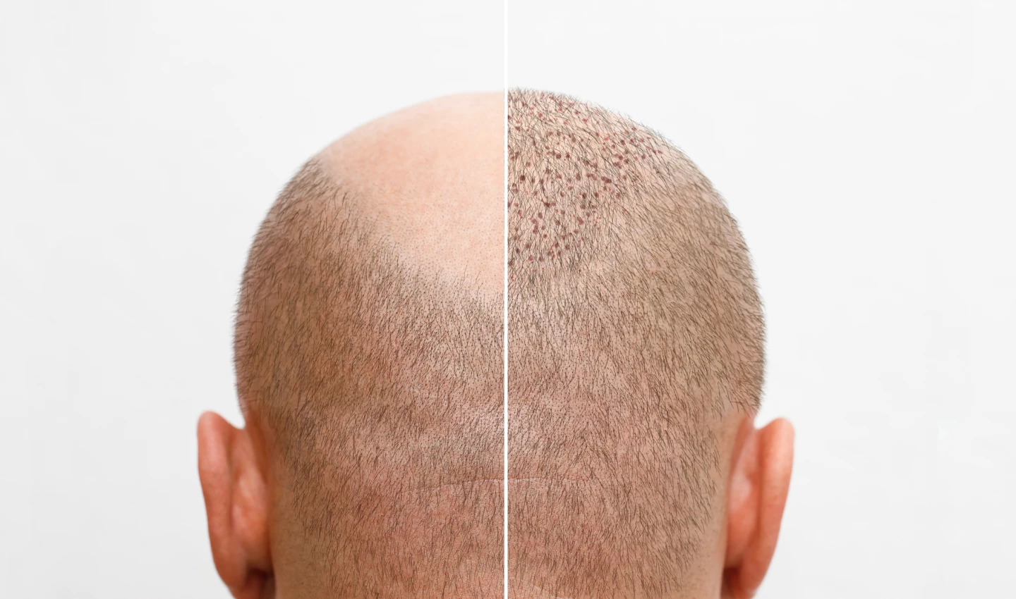 Before and after photo of a patient who underwent hair transplantation, showcasing their hair loss before and full head of hair after the procedure.