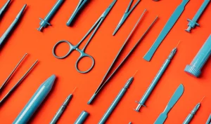 Image of operating room supplies including gauze, scalpels, syringes, and suture materials for preventing and managing Rhinoplasty complications