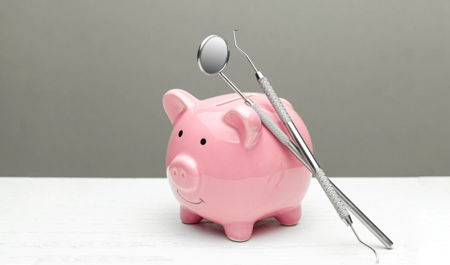 Dental tools for affordable teeth surgery next to a pig, representing cost-saving options.