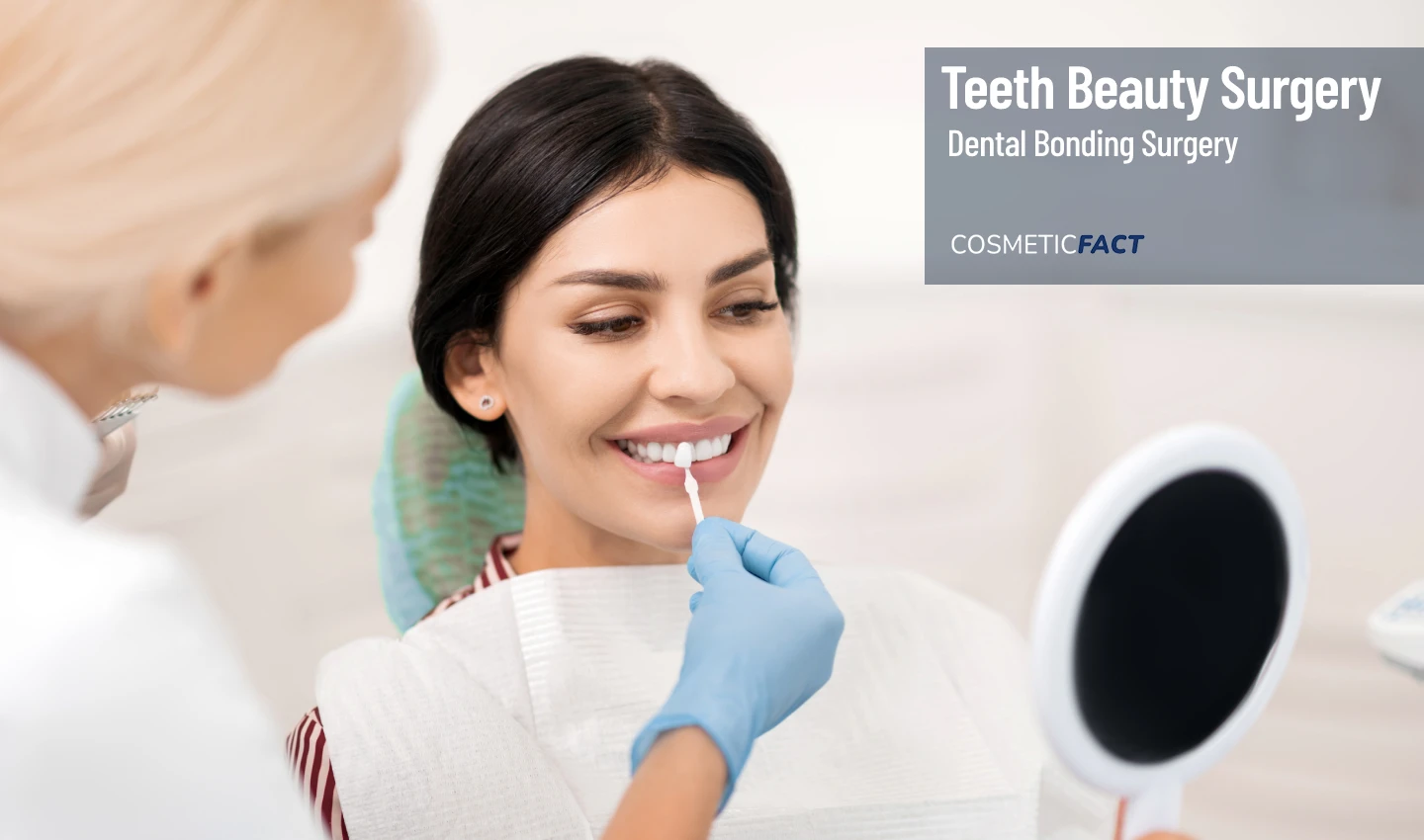 A patient smiles while a dentist performs dental bonding on her teeth. Dental bonding benefits include non-invasiveness, immediate results, customization, natural-looking appearance, affordability, and long-lasting effects.