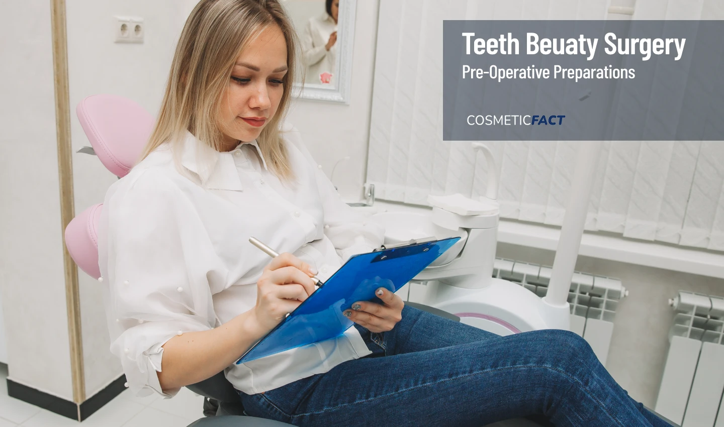 A woman holding a checklist titled "Teeth Cosmetic Surgery Checklist" as she prepares for her upcoming dental procedure.