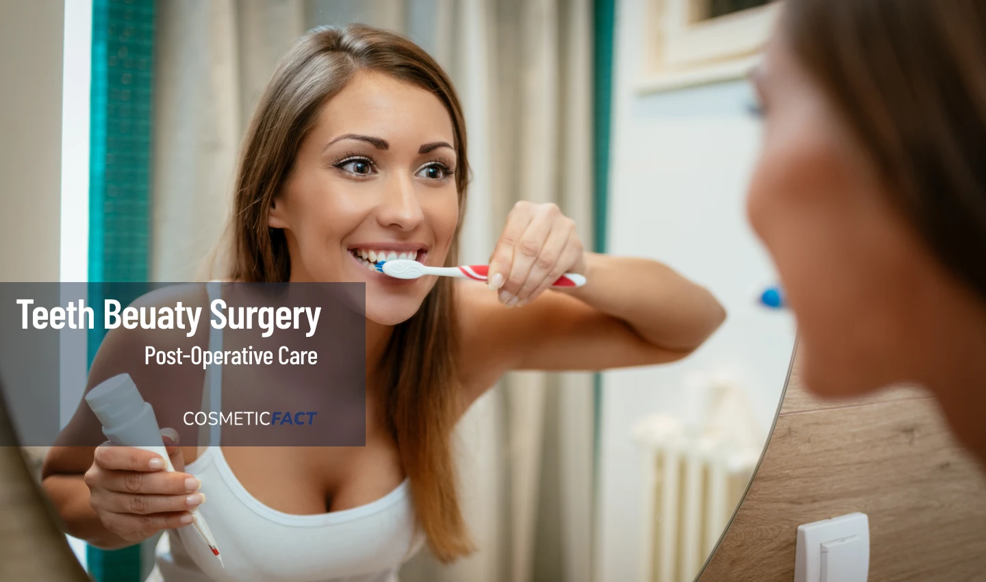 Woman brushing teeth and smiling to showcase the results of proper post-operative care after cosmetic dental surgery.