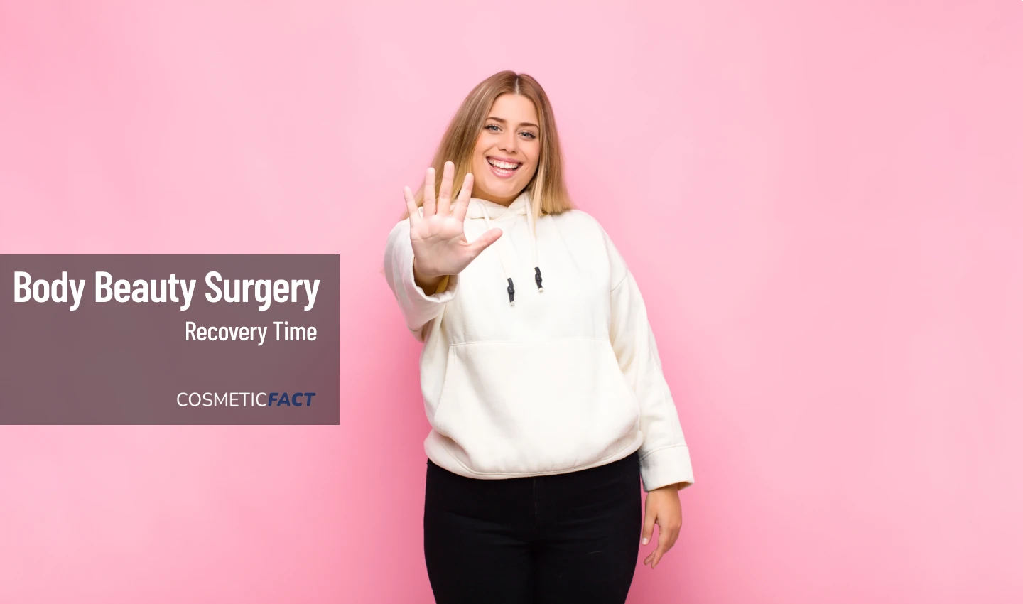 A woman shows her hands in a stop sign gesture, representing the importance of understanding body contouring surgery recovery time.