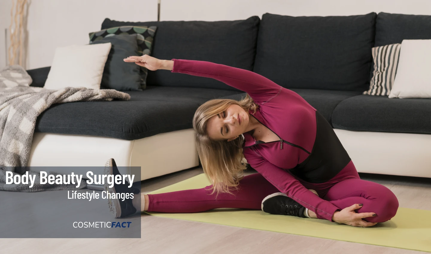 Image of a woman performing yoga poses as part of her routine for maintaining her new body after surgery.