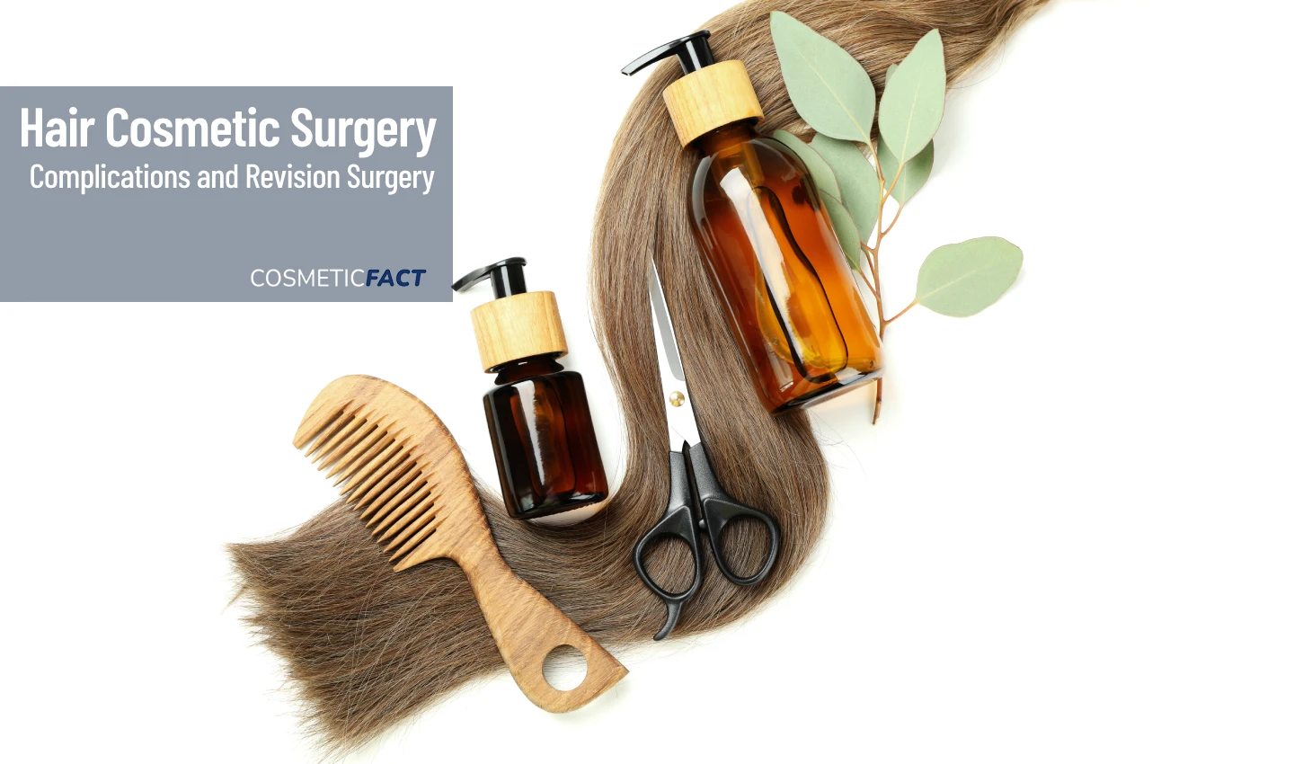 A bottle of natural hair oil treatment, a comb and some strands of hair on a white background. These are natural remedies for hair transplant complications.