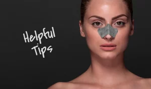 Woman holding a stick on her nose, emphasizing Rhinoplasty Recovery Tips for faster healing.