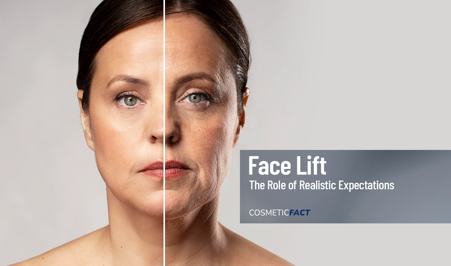 Before-and-after photo of a woman's face, with one side showing her before facelift surgery and the other side showing her after surgery resulted from realistic expectations.