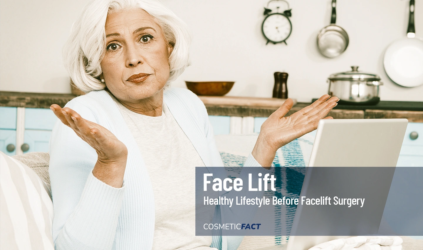 "An elderly woman is seen looking worried while contemplating about how to have a healthy lifestyle before facelift surgery in this image."