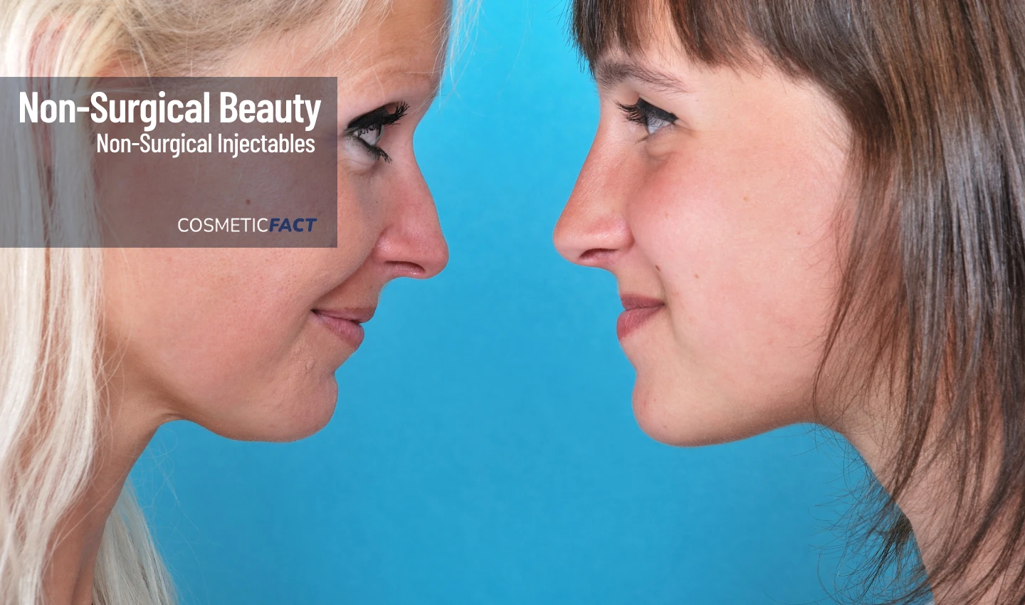 Side image of two women looking at each other, highlighting the difference in their facial profile. One woman has a double chin, while the other does not. The image represents the comparison between Kybella and traditional surgery for double chin reduction