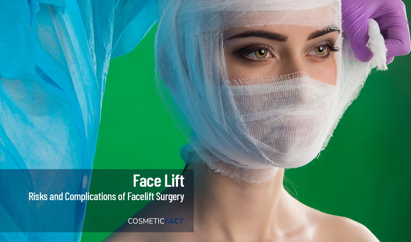 Woman with a bandage on her face after facelift surgery depicting the risks and complications of facelift surgery.