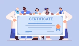 Cartoon image of five plastic surgeons holding their Facelift Surgery Certificates and discussing the importance of board certification in facial plastic surgery.