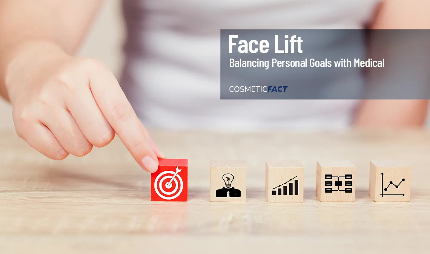 Image of a man placing his finger on the target logo among planning logos, emphasizing the importance of balancing personal goals with medical realities in facelift surgery.