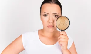 A young woman frowns at the camera, holding a magnifying glass in her hand. The magnifying glass highlights her dry, flaky skin, emphasizing the effects of dry and dehydrated skin.