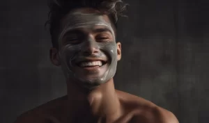 A man applies exfoliating lotion to his face in order to achieve smooth and clear skin through men's exfoliation.