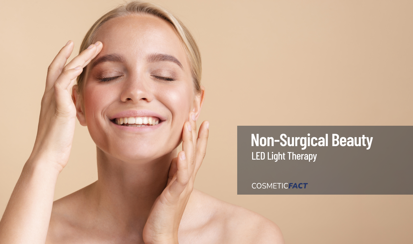Woman smiling, showing her face after undergoing LED light therapy treatment, demonstrating the benefits of this non-invasive skincare treatment