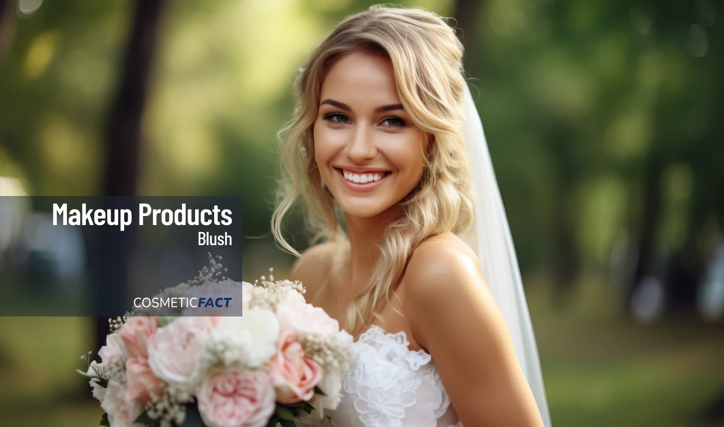 A smiling bride on her wedding day with natural-looking makeup highlighted by the perfect bridal blush.