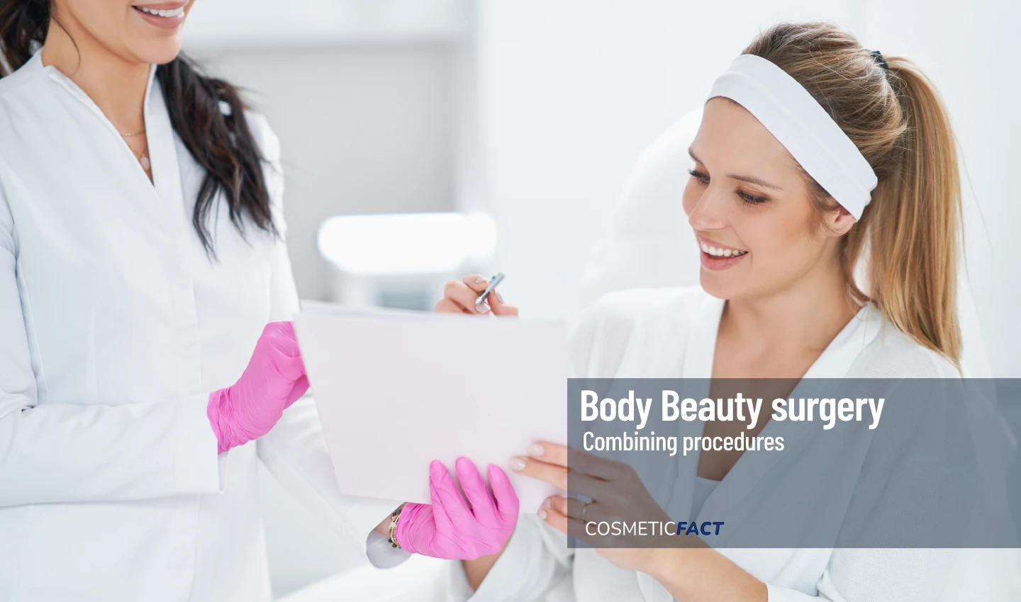 A patient and her doctor look at a laptop screen, discussing body cosmetic surgery and facial procedures.