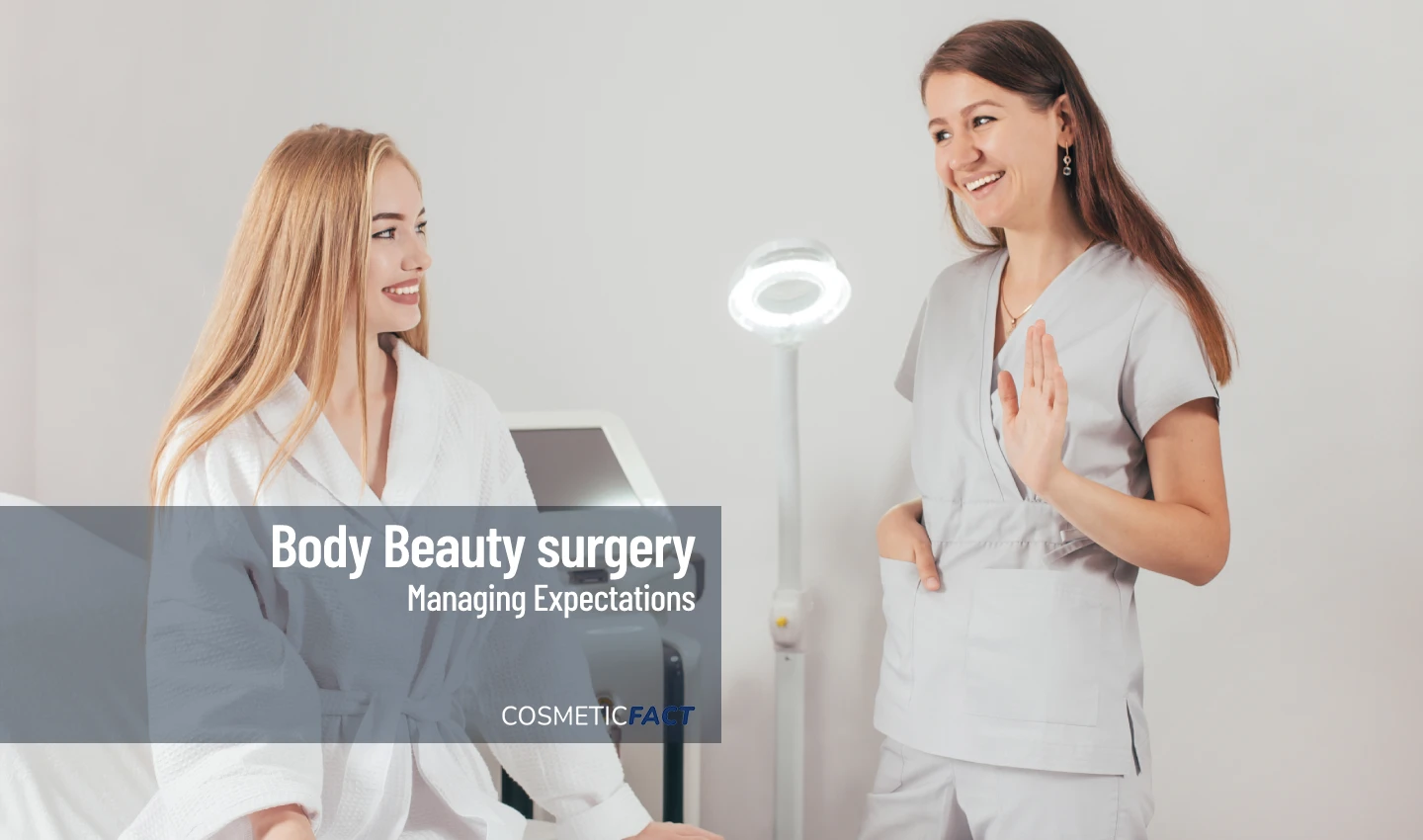 A patient sits across from her doctor, engaged in a conversation about body beauty surgery.