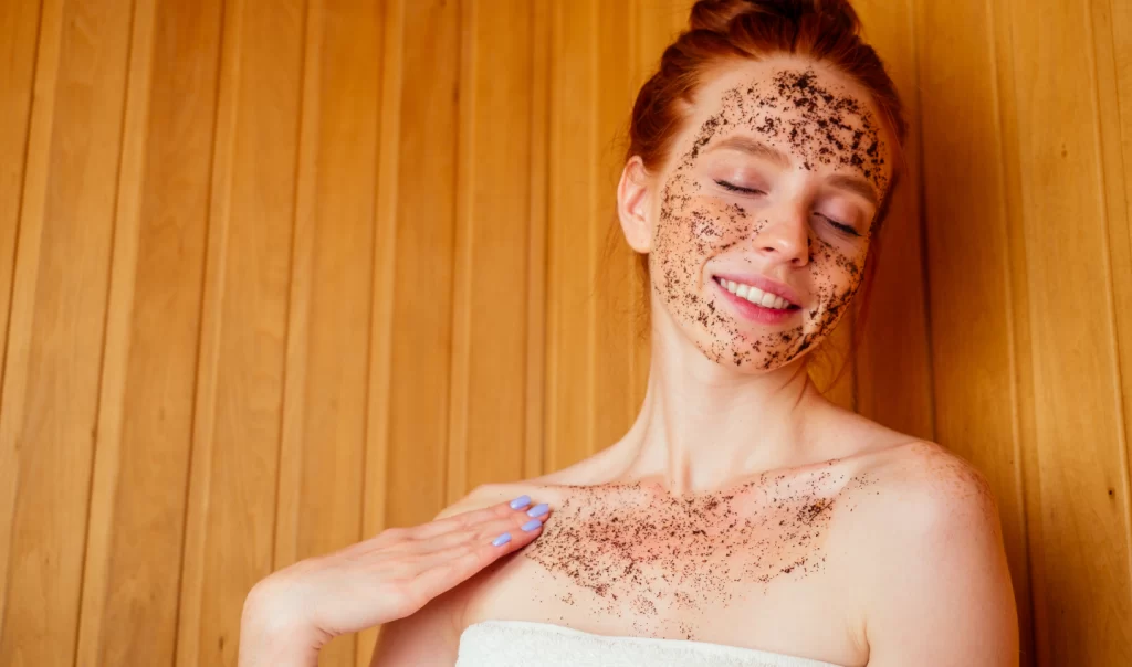 Image of a woman enjoying a detoxifying body scrub for stress relief.