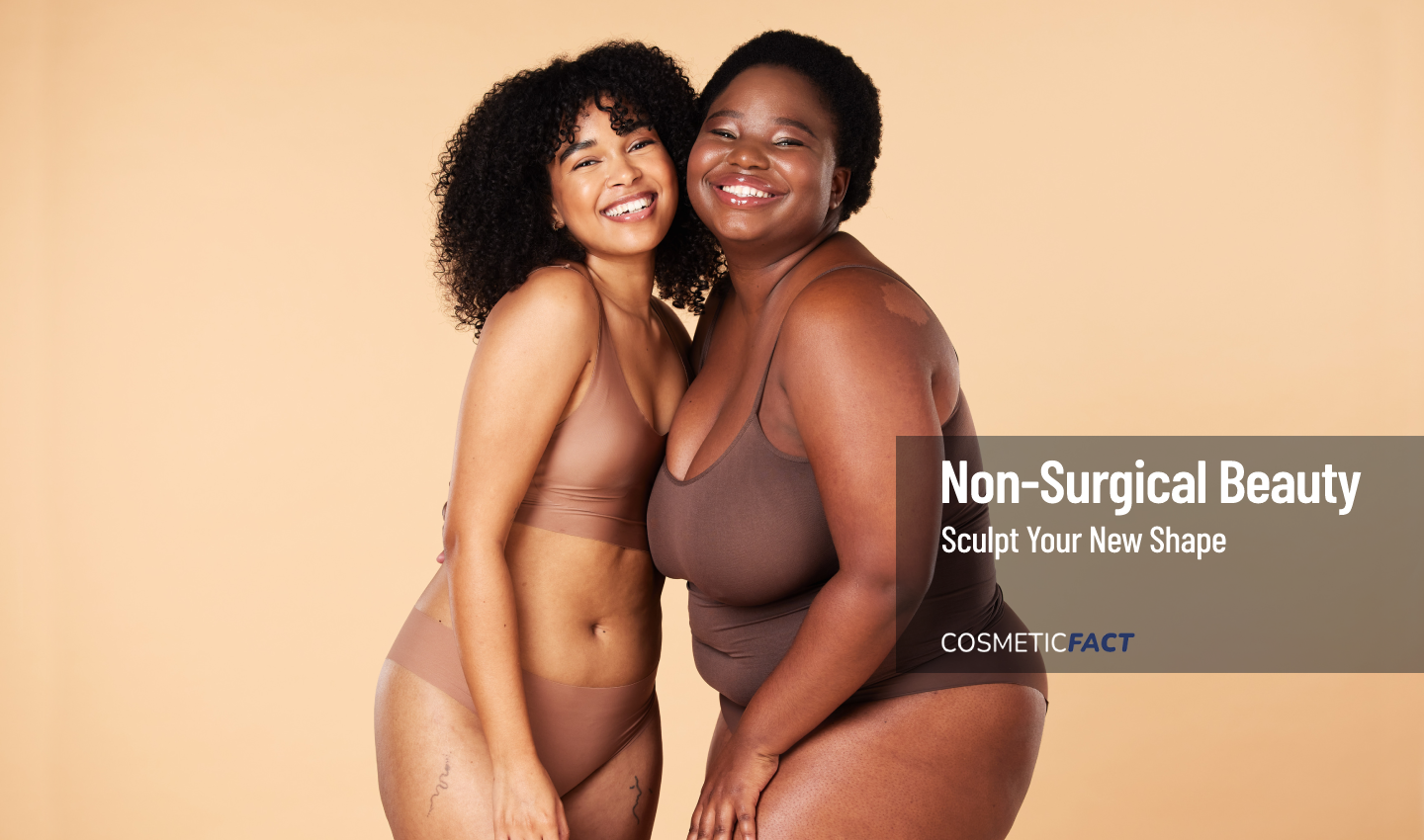 Two happy women, one slim and the other with a fuller figure, show off their bodies after body contouring treatments.